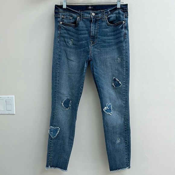 7 for all mankind distressed high rise heart 💜 skinny jeans - Picture 1 of 6
